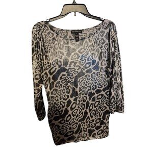 INC International Concepts Women M Black Gray Animal Print 3/4 Zip sleeve Blouse